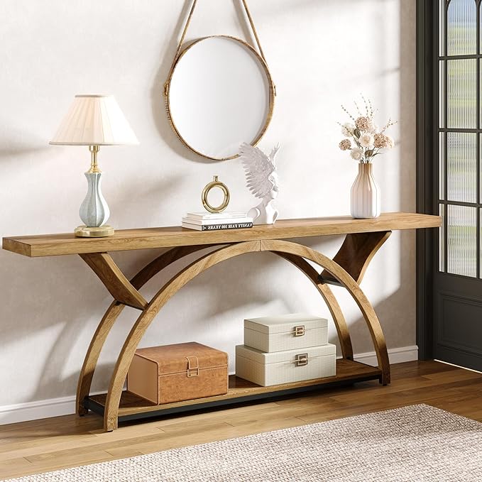 Tribesigns 70.87" Console Table with Storage Shelf, Narrow Long Sofa Table Behind Couch Table, 2-Tier Rustic Entryway Table with Half Moon Frame for Hallway Living Room, Gray & Black (Light Brown)