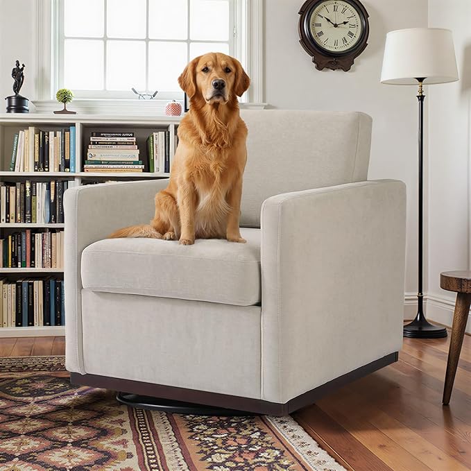 Pia Ricco Plush Swivel Barrel Chair Set of 2 - Mid-Century Modern Accent Armchairs in Soft Chenille for Living Room & Cozy Reading Nook, Sand