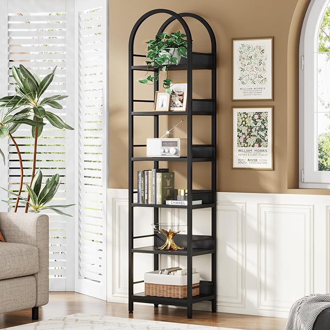 Tribesigns 6-Tier Open Bookshelf, 78.7" Tall Arched Bookcase Narrow Bookshelf with Metal Frame, Freestanding Corner Bookcase Display Shelves for Living Room, Home Office, Black