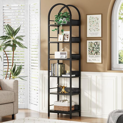 Tribesigns 6-Tier Open Bookshelf, 78.7" Tall Arched Bookcase Narrow Bookshelf with Metal Frame, Freestanding Corner Bookcase Display Shelves for Living Room, Home Office, Black