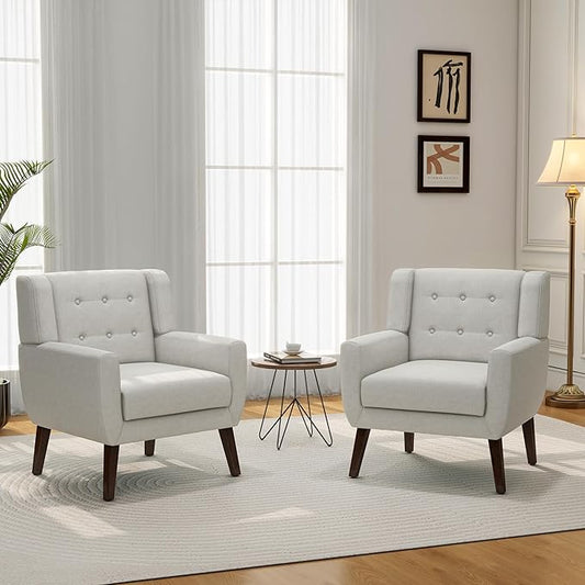 Accent Chair, Mid-Century Modern Fabric Chairs with Arms for Living Room, Comfy Upholstered Club Single Sofa Armchair for Bedroom Waiting Room with Solid Wood Frame (Fabric Beige, Set of 2)