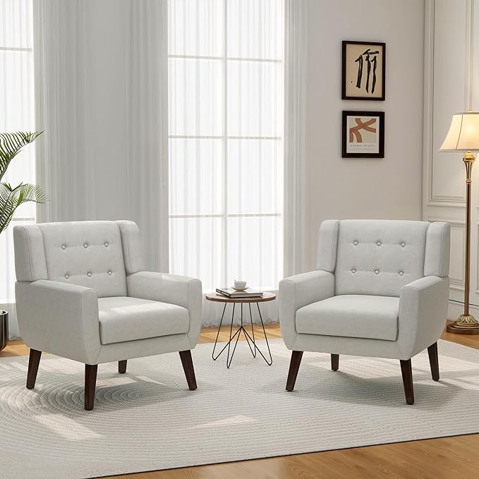 Accent Chair, Mid-Century Modern Fabric Chairs with Arms for Living Room, Comfy Upholstered Club Single Sofa Armchair for Bedroom Waiting Room with Solid Wood Frame (Fabric Beige, Set of 1)