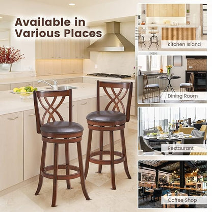 COSTWAY Bar Stools Set of 4, 360° Swivel Chairs with Rubber Wood Frame, 30-Inch PU Leather Cushioned Seat and Footrests, for Kitchen Island, Dining Room, Bar (Brown-30 inches, 4 stools)