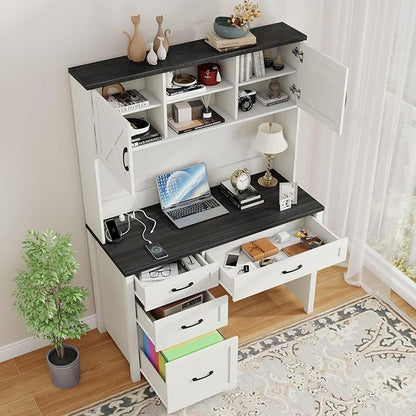 Farmhouse 67" H Executive Desk with Hutch,Computer Desk with 4 Drawers and LED light, Office table with Storage Cabinet & File Drawers and Charging Station, Wood Workstation for Home Office and Study