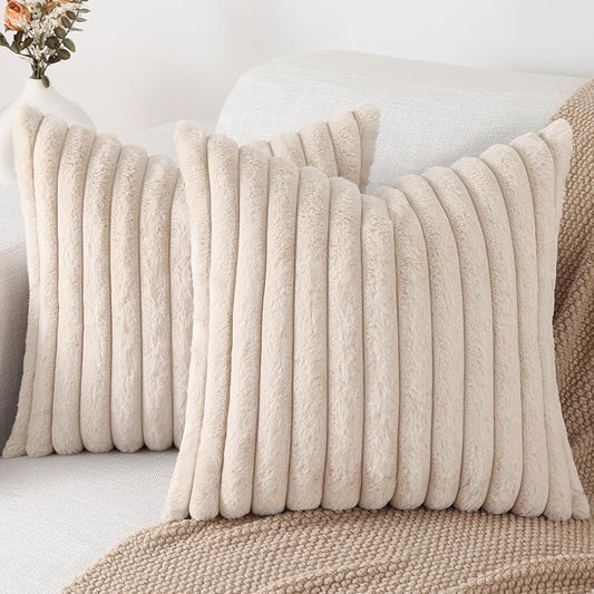 Pallene Faux Fur Plush Throw Pillow Covers 26x26 Set of 2, Luxury Soft Fluffy Striped Decorative Pillow Covers for Sofa, Couch, Living Room, Apricot