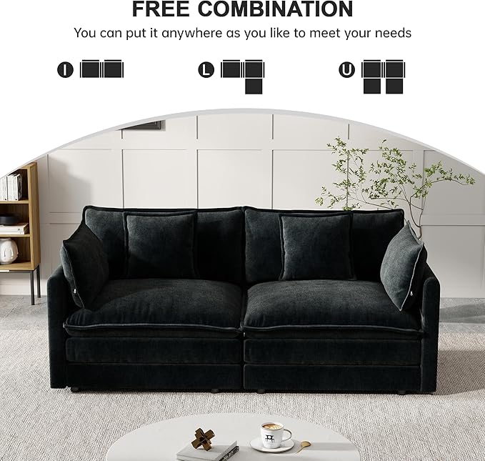Modular Sectional Sofa, 76.7 Inch I-Shaped Cloud Sofa with Deep Seat Comfortable Chenille Sofa with Cushion Double Sectional Sofa for Living Room Apartment,Black