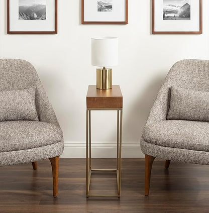 Kate and Laurel Karlsen Mid-Century Wood and Metal Narrow Side Table; 16 x 24 x 8; Walnut Brown and Brass; Slim Bedroom Nightstand with Mixed Materials Design