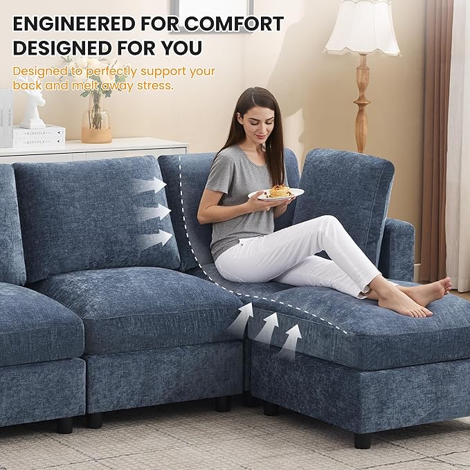 4-Seater Modular Sectional Cloud Sofa with Ottoman, Convertible L-Shaped Couch for Living Room, Modern Deep Seat Modular Sofa, Chenille Blue