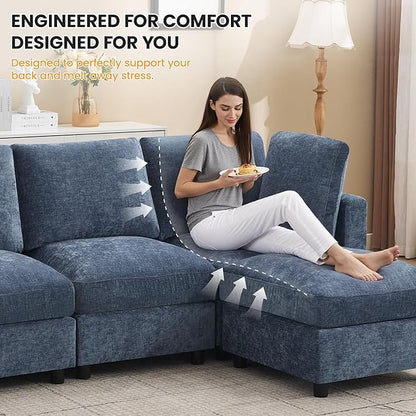 4-Seater Modular Sectional Cloud Sofa with Ottoman, Convertible L-Shaped Couch for Living Room, Modern Deep Seat Modular Sofa, Chenille Blue