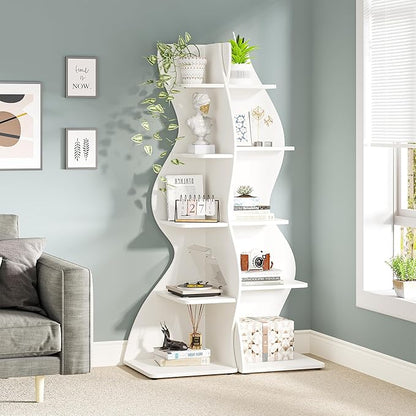 Tribesigns Corner Shelf, Modern 5-Tier Wall Corner Bookshelf Set of Two, Stylish Corner Small Bookcase Storage Rack Plant Stand for Living Room, Home Office, Kitchen, Small Space White, 2PCS
