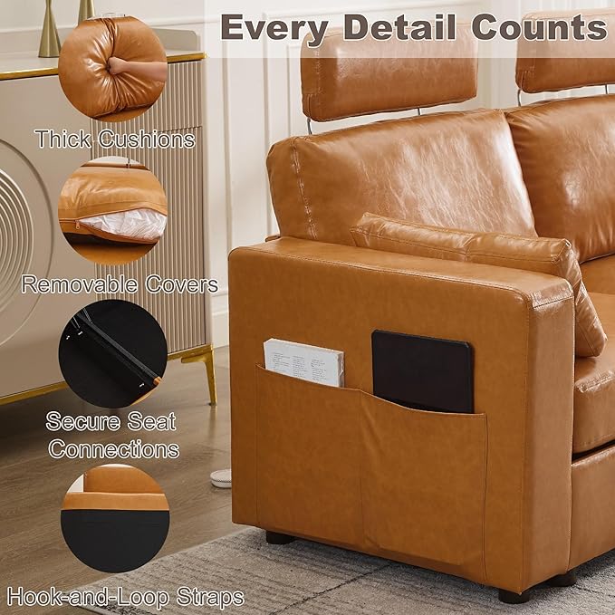 69.7" Loveseat Storage Sofa, Faux Leather Love Seat Couch with Headrest & Pocket, Modular Sectional Cloud 2 Seater Sofas for Living Room Apartment Small Spaces, Oversized Deep Seat Couches, Brown