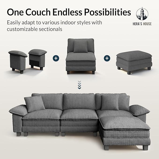HERA'S HOUSE 124" Modular Sectional Sofa, Oversized L Shaped Couches for Living Room, Comfy Cloud Couch with Ottoman, 4-Seater Deep Seat Sofa with Throw Pillow, Corduroy Grey