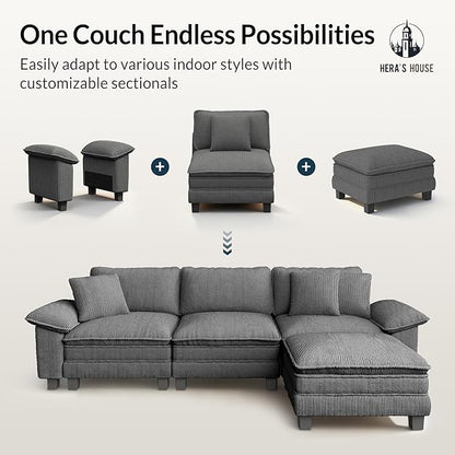 HERA'S HOUSE 88" Modular Sectional Sofa, Loveseat Couches for Living Room, Comfy Cloud Couch 2-Seater Deep Seat Sofa with Throw Pillow, Corduroy Grey