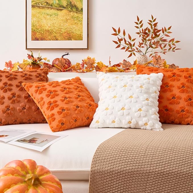 Kevin Textile Fall Floral Pillow Covers 18x18 Inch Set of 2 Cute Flowers Embroidery Decor Soft Plush Faux Fur Throw Pillows Pillowcases for Holiday Harvest Decor Sofa Couch Bedroom, Orange