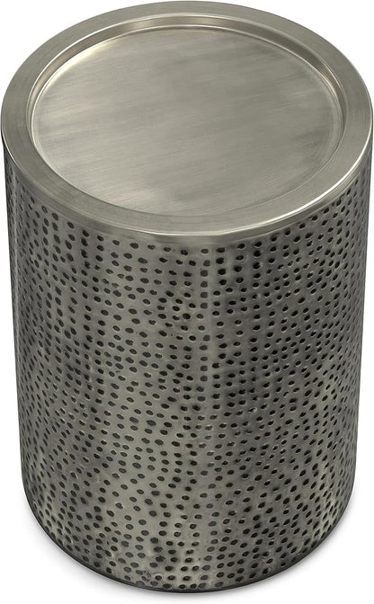 SIMPLIHOME Corbin 16 inch Wide Metal Side Table in Hammered Antique Silver, Round Drum Design End Table for Living Room, Family Room, or Entryway, Industrial Style, Assembled