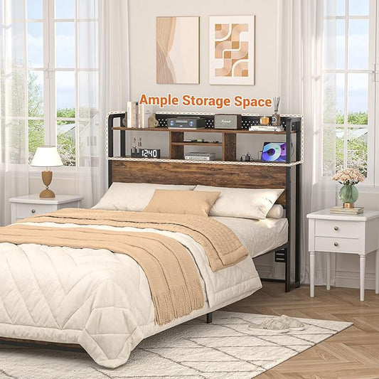Unikito Headboard for Twin Size Bed with Storage Shelf, Head Board with 3 Outlets and 2 USB Ports, Headboards with RGB LED Light, Height Adjustable, Sturdy and Stable, Easy Assembly, Rustic Brown