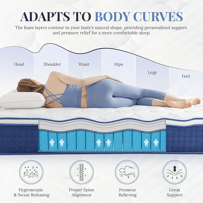 Queen Mattress, 12 Inch Queen Size Hybrid Mattresses in a Box, Medium Feel Foam and Individual Pocket Springs, Fiberglass Free Bed Mattress, Extra Edge Support, Pressure Relief, CertiPUR-US, Blue