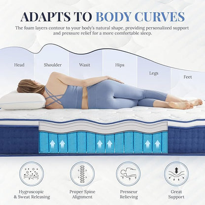 Twin Mattress, 12 Inch Twin Size Hybrid Mattress in a Box, Medium Feel Foam and Individual Pocket Springs, Extra Edge Support, Pressure Relief, CertiPUR-US, Blue