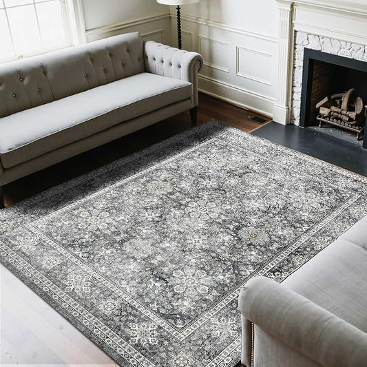 VEVOR 8 x 10 ft Area Rug Large Washable Rug Non-Slip and Tear-Resistant Soft Carpet Pet & Child Friendly Vintage Area Rugs Indoor Mat for Bedroom Living Room Kids Room Entryway Office Gray
