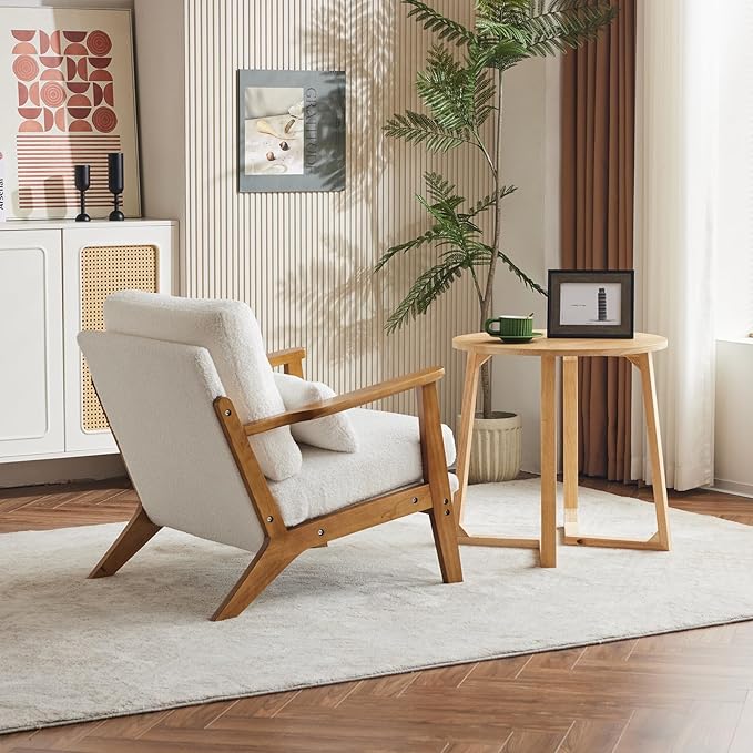 Karl home Accent Chair Wide Armrest Mid-Century Lounge Chair Teddy Fleece Armchair with Lumbar Pillow & Solid Wood Frame for Living Room, Bedroom, Balcony, White