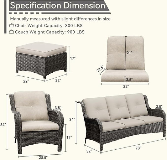 7 Pieces Outdoor Patio Conversation Set, Wicker Furniture Set Includes 3-Seat Sofa, Patio Rattan Dining Chair Set of 4, 2 Ottomans, for Porch, Yard, Mixed Brown Rattan, Beige