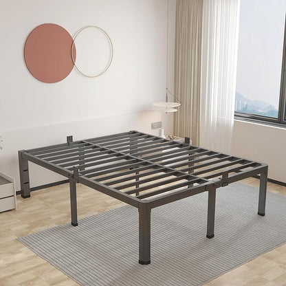 ROIL 14 inch California King Size Bed Frame Metal Platform No Box Spring Needed with Headboard Hole Round Corner Legs Mattress Retainers 3500LBS Heavy Duty Steel Slats Noise-Free Storage