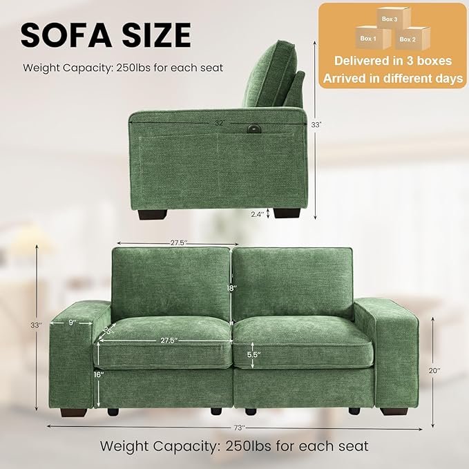 TEKAMON 73" Modular Sofa Couch with Seat Storage, Comfy 2-Seater Chenille Fabric Loveseat Sofa for Living Room, Office, Apartment W/Deep Seat, Wide Armrest, USB Charing Removable Cover(Green)