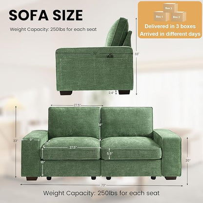 TEKAMON 73" Modular Sofa Couch with Seat Storage, Comfy 2-Seater Chenille Fabric Loveseat Sofa for Living Room, Office, Apartment W/Deep Seat, Wide Armrest, USB Charing Removable Cover(Green)