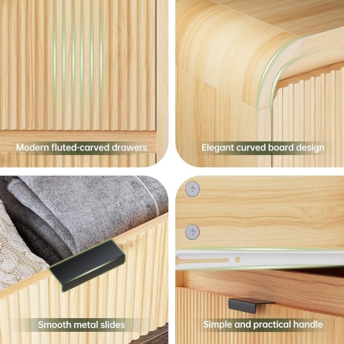 FURSUN Fluted 6 Drawers Dresser for Bedroom, 54" Wide Wooden Dresser with Metal Handle, Curved Profile Design, Modern Storage Organizer for Bedroom, Hallway (Natural Oak)