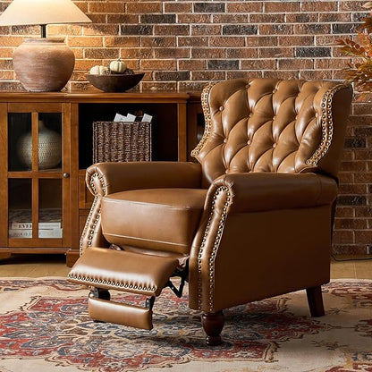 HULALA HOME Genuine Leather Recliner Chair Set of 2 w/Solid Wood Legs, Modern Adjustable Tufted Push Back Arm Chair w/Rivet Decoration, Home Theater Seating Reclining Sofa for Living Room, Camel