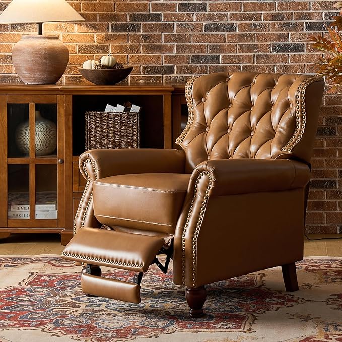 HULALA HOME Genuine Leather Manual Recliner Chair, Adjustable Tufted Push Back Reclining Sofa Armchair with Rivet Decoration & Solid Wood Legs, Modern Living Room Home Theater Seating, Camel