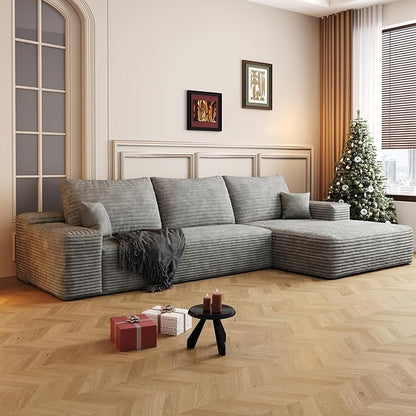 107.5" Cloud Modular Sectional Sofa with L-Shape Chaise, Modern Upholstered Couches for Living Room, Deep Seat Boneless Couch, No Assembly Required, Plush Corduroy Fabric (Grey, Right Facing Chaise)