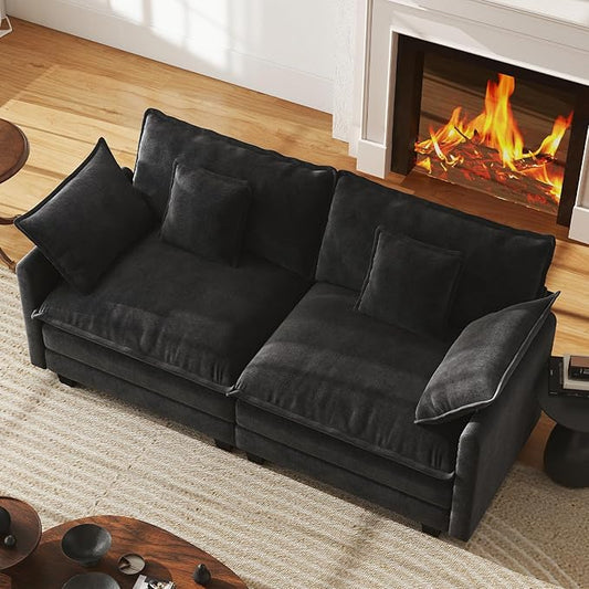 WorthFurni 77 Inch Cloud Sofa Loveseat, Comfy Sectional Couch, 2-Seater Chenille Deep Seat Sofa with Throw Pillows for Living Room Bedroom Apartment (Black)