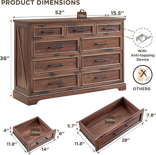 ACCOHOHO Farmhouse 9 Drawer Dresser for Bedroom, 36 Inch Tall Modern Dresser TV Stand with Large Drawers & Bar Handles, Rustic Wood Chest of Drawers for Bedroom, Living Room, Hallway, Brown