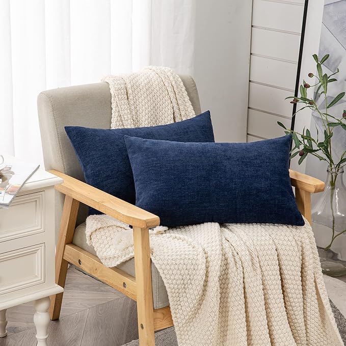 GAWAMAY Lumbar Support Pillow Decorative Rectangle Throw Pillow Covers 12"x20" Inch Set of 2, Soft Chenille Pillowcase for Living Room Bedroom Sofa Couch Cushion Cover Navy Blue 30x50cm (ONLY Covers)