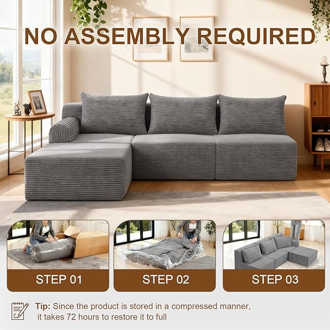 JSLOVE Modular L-Shape Sectional Sofa with Chaise, 3 Seat Movable Boneless Cloud Couch in One Box, Sofa Couch Bed with Ultra-Soft Corduroy Fabric, No Assembly Required for Living Room, Bedroom(Grey)