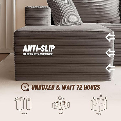 138" Boneless Couch with Deep Seat, Modular Sectional Sofa, Cloud Sectional Couch for Living Room, No Assembly Required, Corduroy, 4 Seater L-Shape Right, Grey