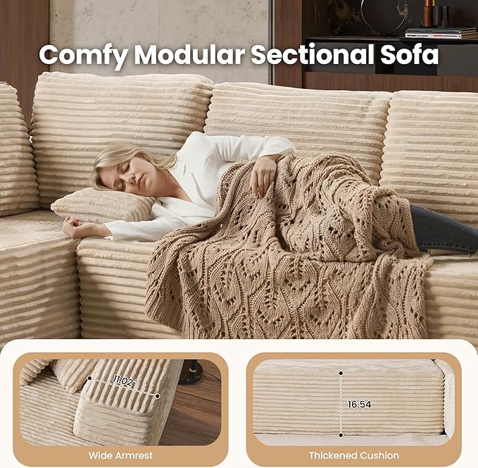 Cloud Sectional Couch with Chaise, Boneless U-Shaped Cloud Couch with Deep Seat, Soft Plush Modern Minimalist Sofa, Assembly Free Modular Floor Sofa for Office Living Room Apartment, Beige