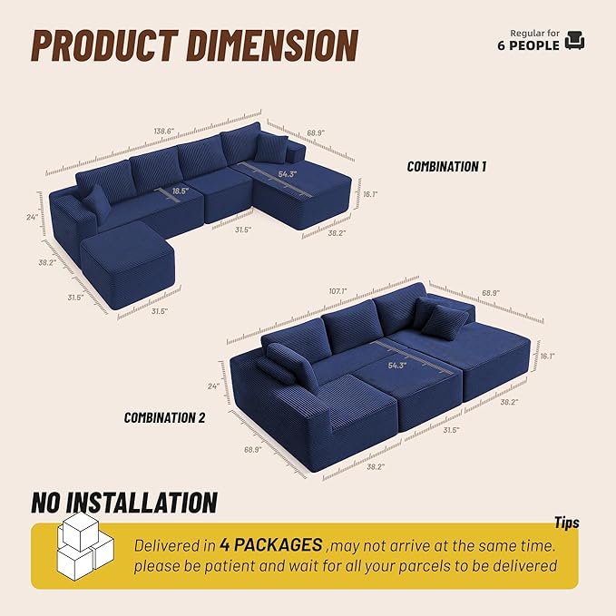 138" Boneless Couch with Deep Seat, Modular Sectional Sofa, Cloud Sectional Couch for Living Room, No Assembly Required, Corduroy, U-Shape 4 Seater Right, Blue