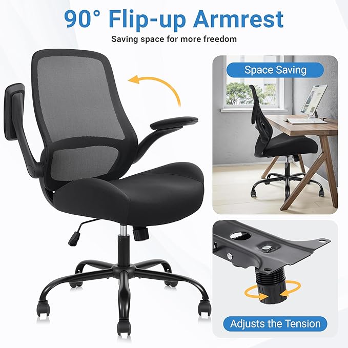 HYLONE Big and Tall Office Chair, Heavy Duty Ergonomic Desk Chair with Adjustable Armrests, 5" Thickened Seat Home Office Computer Chairs for Long Hours Mesh Executive Chair(Black)