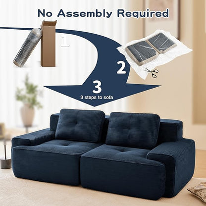80.3” Blue Boneless Couches for Living Room, Modular Sectional Sofa, 2 Seater Comfy Upholstered Loveseat Deep Seat Corduroy Fabric Cloud Couch No Assembly, Anti-Slip Design