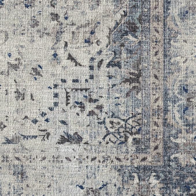 RUGGABLE Washable Vintage Runner Rug – Sarrah Blue Quartz 2.5x10, Stain-Resistant, Non-Slip Hallway Runner – Machine Washable Rug for Hallway, Entryway, Living Room & Kitchen–with Cushioned Pad