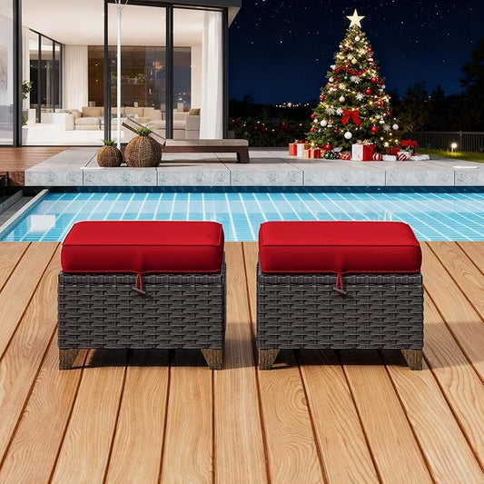 2 Pieces Patio Outdoor Ottomans with Removable and Washable Covers，PE Rattan Wicker Footstools for Porch, Garden, Sunroom (Red)