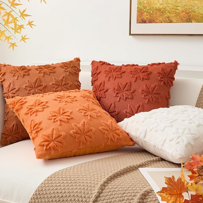 Kevin Textile Maple Leaf Pillow Covers 18x18 Inch Set of 2 Fallen Leaves Embroidery Decor Soft Plush Faux Fur Throw Pillows Pillowcases for Holiday Harvest Decor Sofa Couch Bedroom, Cream White