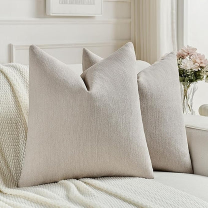 FUTEI Oatmeal Chenille Decorative Throw Pillow Covers 26x26 Inch Set of 2,Soft Cozy Faux Linen Textured Euro Pillow Shams,Farmhouse Home Decor for Couch Living Room