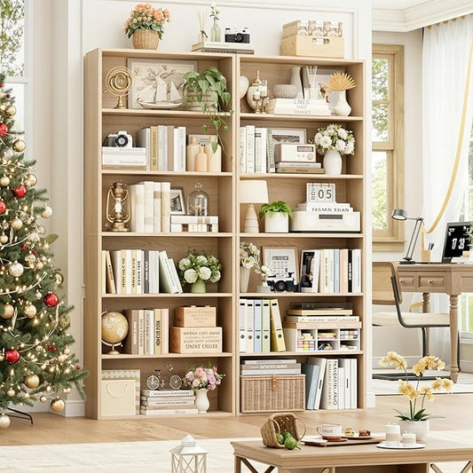 FOTOSOK 70.8" Tall Bookcase Shelf, 6 Tier Wide Bookshelf with Storage, Billy Bookcase Set of 2, Large Bookshelf for Living Room, Home Office,Light Oak