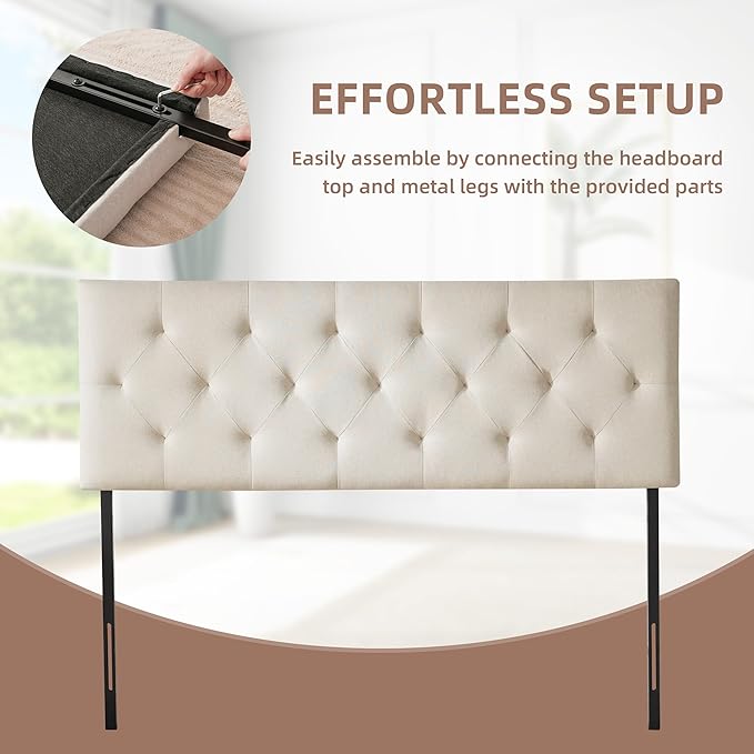 Linen Upholstered Headboard Twin Size, Diamond Tufting Solid Wood Twin XL Headboard Only, Adjustable Height from 37” to 51” Head Board, Dorm Bed Frame or Wall Mount Headboards, Beige