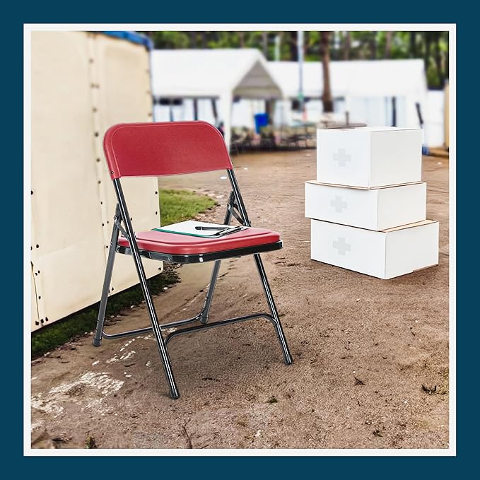 OEF Furnishings OEF800 Series Premium Heavy-Duty Plastic Folding Chairs, Lightweight, Durable Seating for Indoor and Outdoor Use, 500 lb Capacity (4-Pack, Red Plastic with Black Frame)