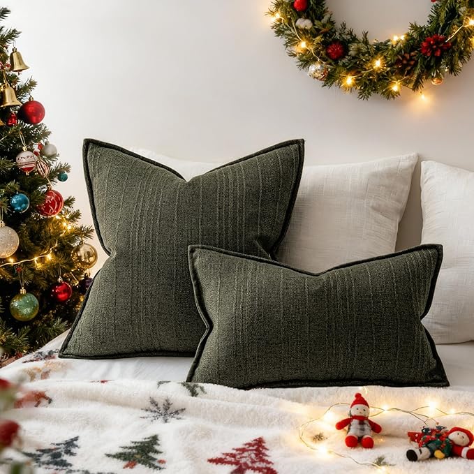 a moment Christmas Linen Pillow Covers Set of 2,Boho Farmhouse Throw Pillowcases Neutral Textured Decorative Covers for Couch Sofa,Soft Linen Blend Accent Case Cushion Home Decor 24"x24"Dark Green