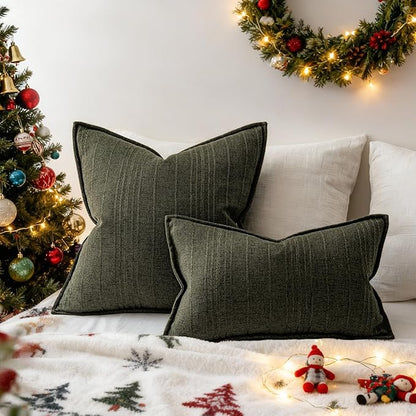 a moment Christmas Linen Pillow Covers Set of 2,Boho Farmhouse Throw Pillowcases Neutral Textured Decorative Covers for Couch Sofa,Soft Linen Blend Accent Case Cushion Home Decor 20"x20"Dark Green